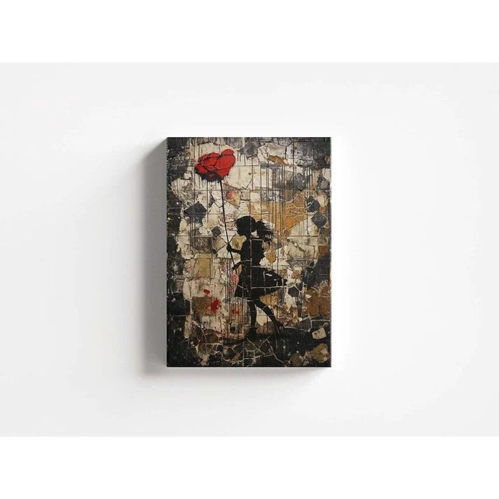 Tablou decorativ Re-Bloom, model Femeie cu un trandafir gigant, panza/lemn, multicolor, 60 x 90 cm