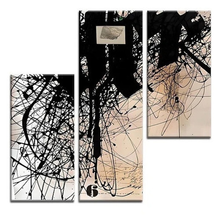 Set tablou decorativ Re-Bloom, 3 piese, model abstract, panza/lemn, multicolor