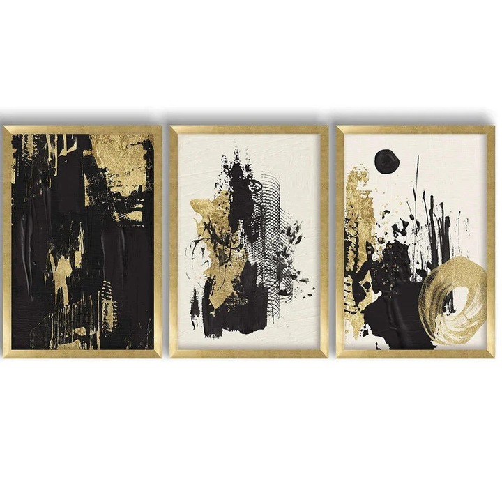 Set tablou decorativ Re-Bloom, 3 piese, lemn masiv/MDF, alb/negru/auriu, 38 x 53 x 3, 5 cm