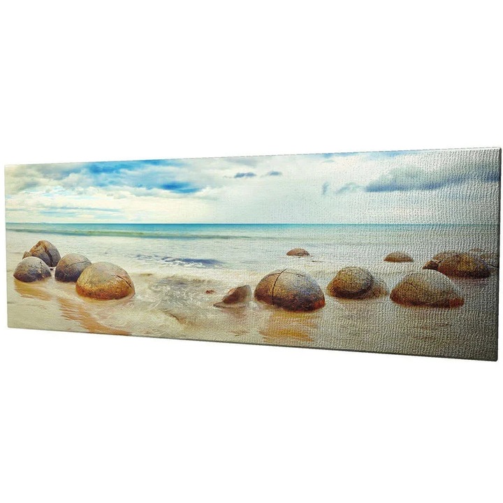 Tablou decorativ Re-Bloom, model marea, lemn/panza, albastru/bej, 80 x 30 x 3 cm