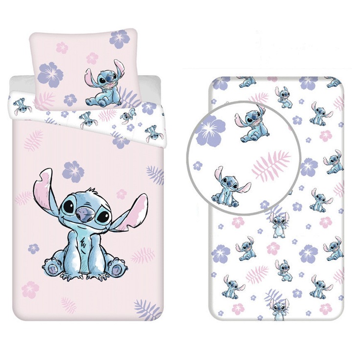 Disney Lilo și Stitch, Pachet lenjerie de pat roz și cearșaf cu elastic