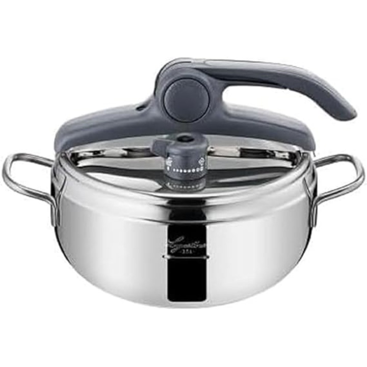 Oala sub presiune Lagostina Irradial Control Lagoeasy'UP, 3, 5 litri, din otel inoxidabil 18/10, diametru 22 cm, pentru inductie si gaz, deschidere usoara a capacului, cu baza Irradial Plus in 3 straturi