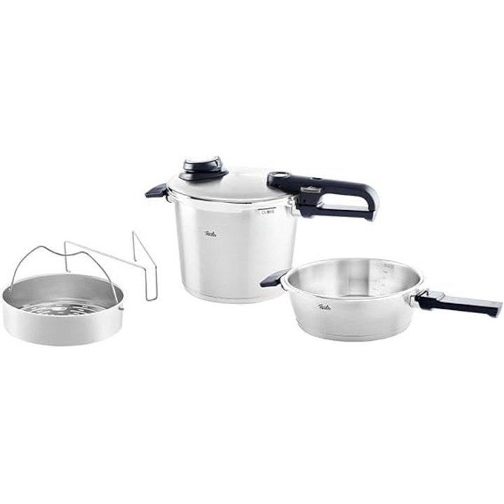 Set oale sub presiune Fissler Vitavit Premium, 4 piese (oala sub presiune 6 L – diametru 22 cm si tigaie de presiune 2, 5 L – diametru 22 cm) cu capac metalic si insertie – Fabricat in Germania, compatibil cu inductie