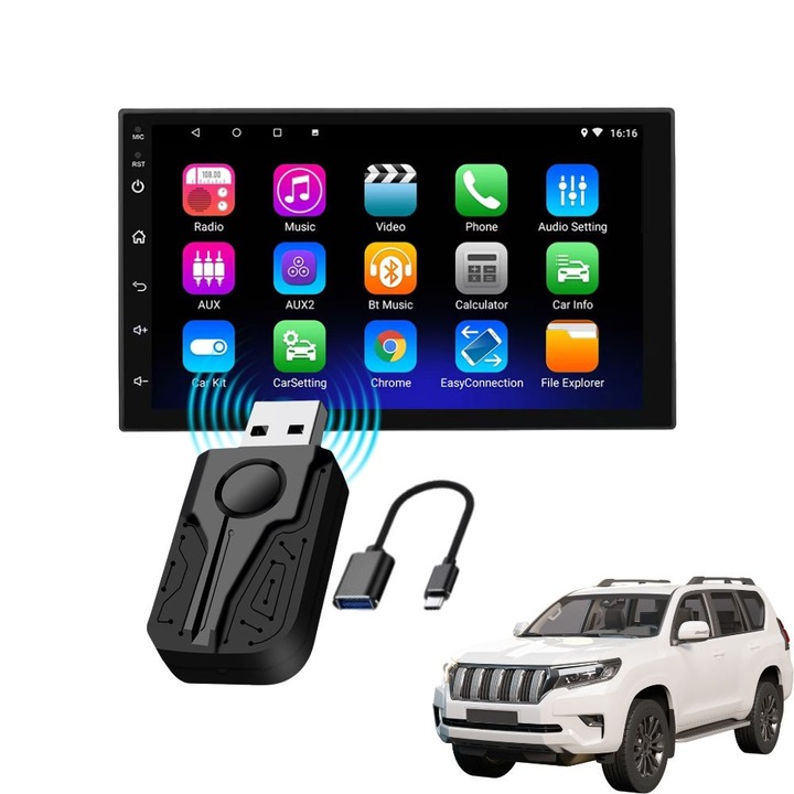 Adaptor Wireless Auto FONIX ConnectPro 2 in 1, Apple CarPlay Si Android Auto, Conexiune Fara Fir, Anti-Interferente In Trafic, Plug & Play USB, Compatibil Dispozitive iOS Si Android, Navigatie, Muzica, Comenzi Vocale, Negru