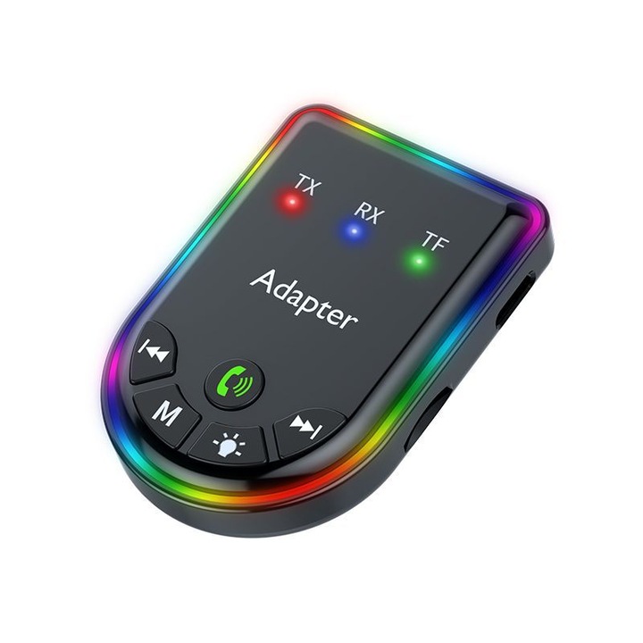 Difuzor hands-free Bluetooth pentru masina, plug-and-play, accepta carduri, ORBER, transmisie si receptie Bluetooth, 300 mAh, BT 5.3, mufa AUX, cu iluminare, ABS, 10, 5 × 6, 5 × 4, 5 cm, negru
