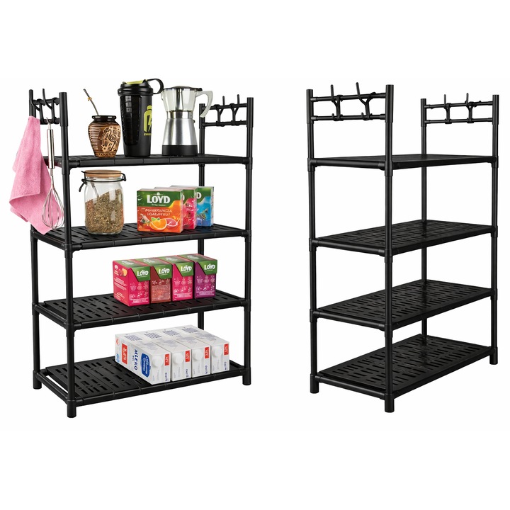 Raft depozitare, 4 niveluri, cu carlige laterale, negru, 86x56x26.5cm