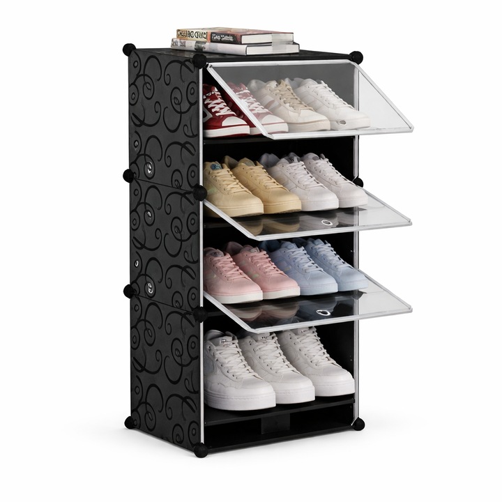 Set 3 module raft pantofi modular, 6 niveluri, capacitate 12 perechi, Transparent/Negru