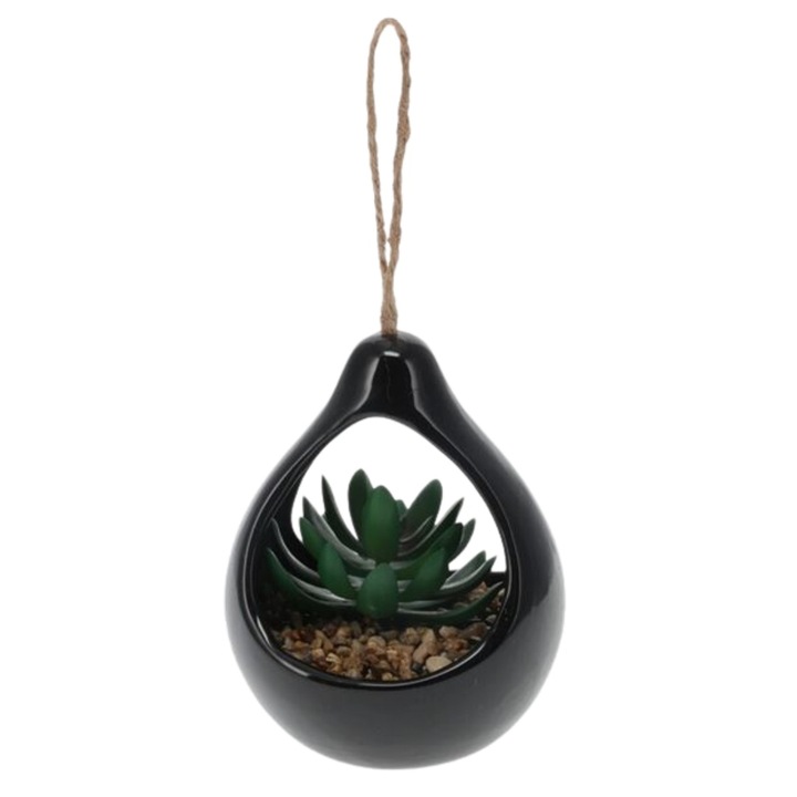 Mesterséges növény, szuikulens, fekete cserépben, csepp alakú, 14 cm, kötéllel függeszthető