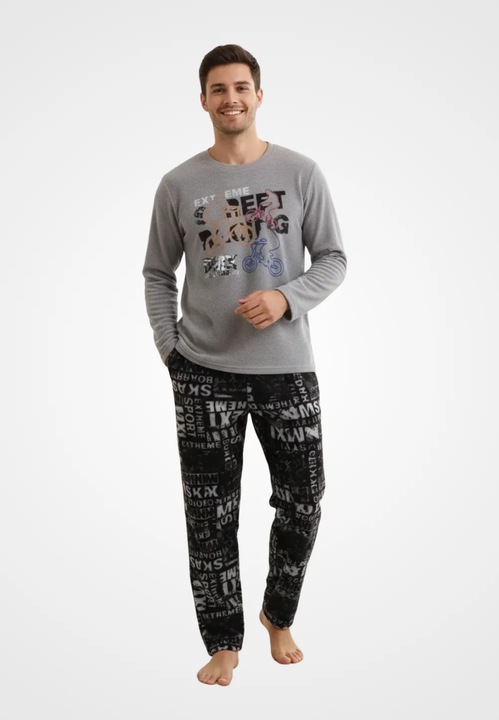 Pijama barbati Freenight, gri, 100% bumbac, maneca lunga, pantaloni lungi, S INTL