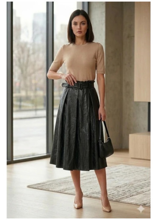 Fustă midi PantaloniChic, piele ecologică, talie elastică, curea inclusă, neagră, marime mare