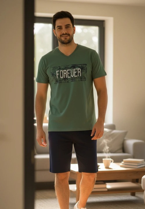 Pijama barbati Freenight, bluza maneca scurta, pantaloni scurti, imprimeu, verde, 2XL