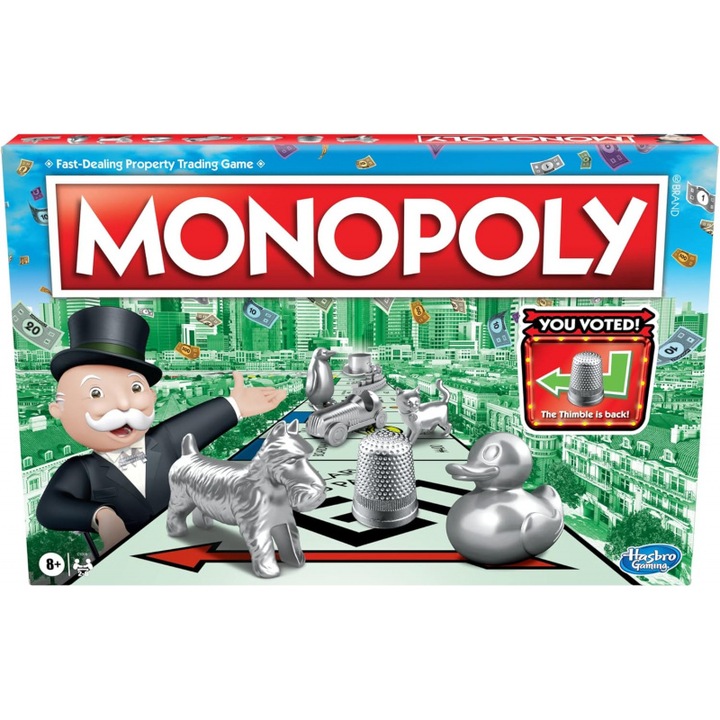 Monopoly - Joc de societate clasic pentru 2-6 jucatori, editie cu 8 piese, joc strategic de familie pentru copii si adulti de la 8 ani, distractie si provocare pentru noptile de jocuri