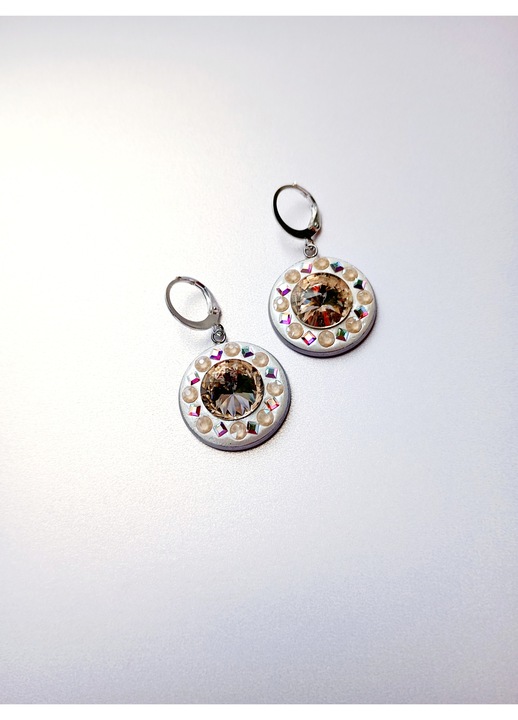 Cercei Primavara cu cristale Preciosa bej-roz, inox 2cm, lungime 3cm