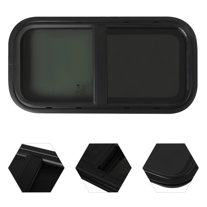 Fereastră glisantă rulota, 600x300mm, aluminiu gri, sticlă securizată