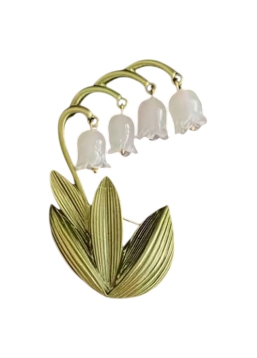 Brosă vintage floare Lacramioare, alb și verde, 5.8x3.6cm