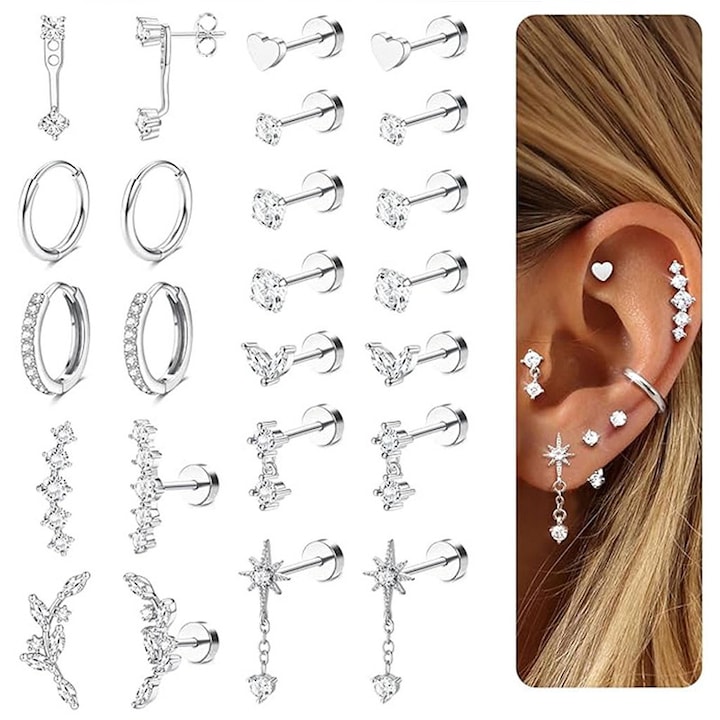 Set cercei hipoalergenici, Vitesthord, inox, placat cu aur, 12 perechi, diverse forme