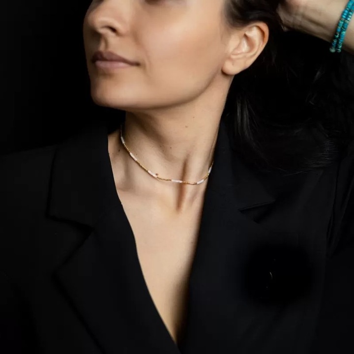 Colier choker, Ezera, Cuart Roz și Sunstone Miyuki Seed, placat cu aur 18K, elegant, 40cm