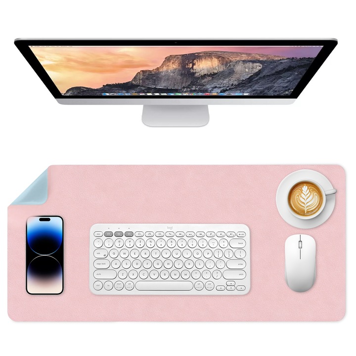 Mousepad din piele PU, Taipintee, reversibil, mouse pad mare, impermeabil, non-alunecare, roz-albastru, 90x45cm