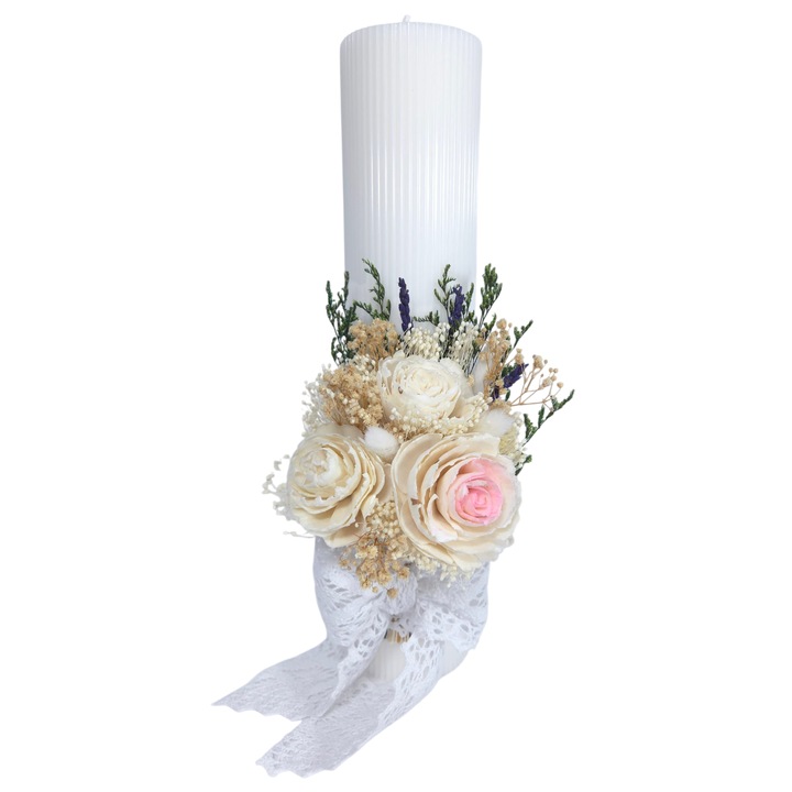 Lumanare Botez decorata cu flori ming si flori criogenate/uscate, 35 cm