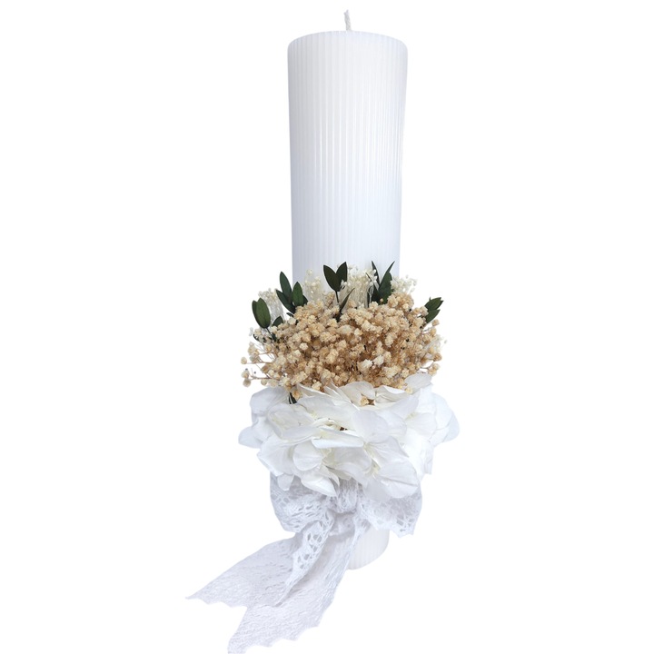 Lumanare Botez decorata cu gypsophilla si hortensie criogenata, 35 cm
