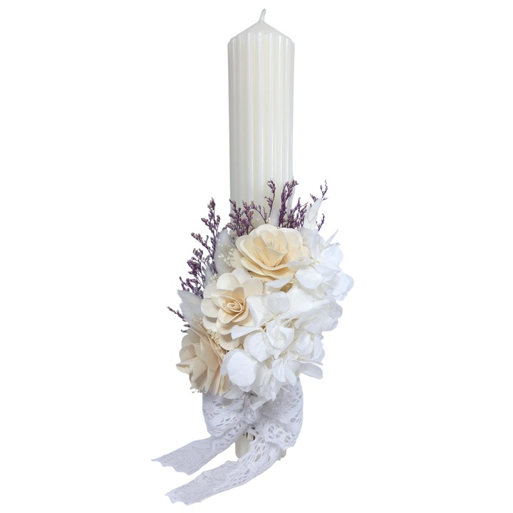 Lumanare Botez decorata cu hortensie criogenata si flori criogenata/uscate, 40 cm