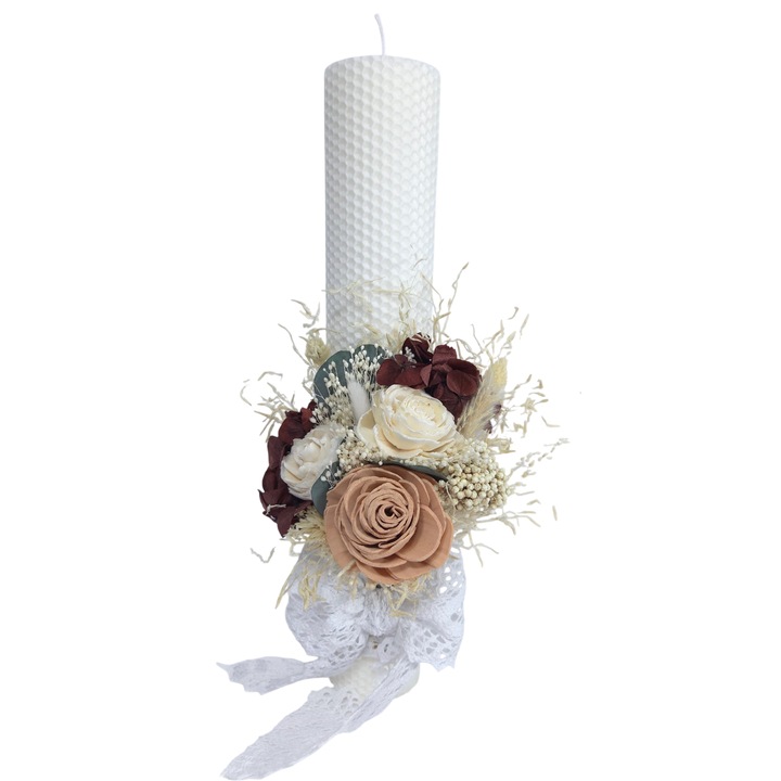 Lumanare Botez din ceara naturala decorata cu trandafiri ming, hortensie criogenata si flori criogenate/uscate, 35 cm