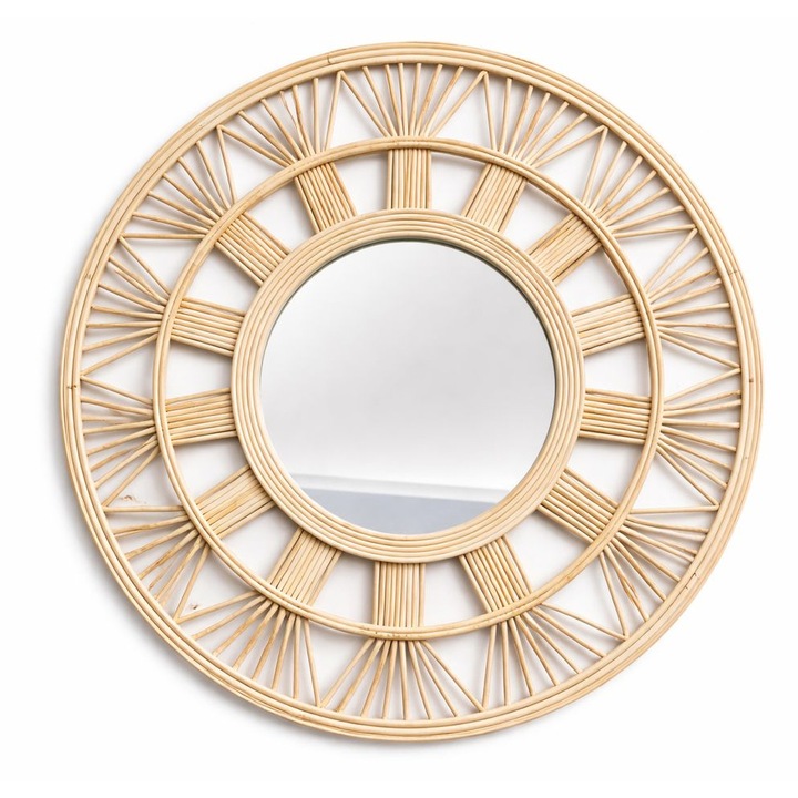 Oglinda Decorativa Rotunda din Ratan, Stil Boho Natural, Design Elegant pentru Living, Dormitor sau Hol