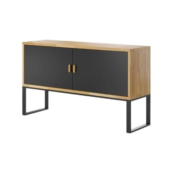 Comoda din lemn, cu 2 usi, finisaj alb cu accent din stejar natural, pentru living, hol sau birou, negru, 140x80x40 cm, DEERHORN