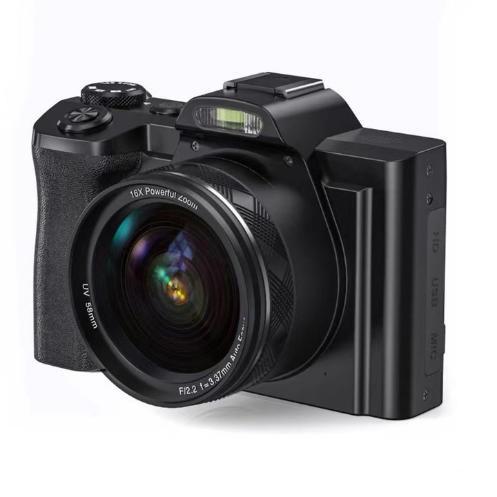 Aparat foto digital, 48 de megapixeli, ecran de 3,5 inci, card SD, baterie litiu, stabilizator de imagine, mod macro, compatibil cu blit extern, negru