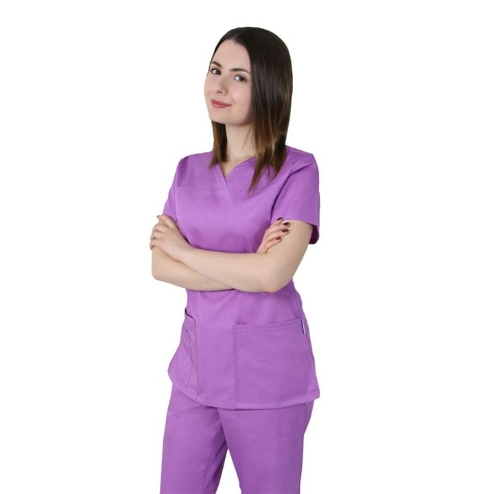 Bluza medicala dama TINA Premium, lila, maneca scurta, 2 buzunare, XS