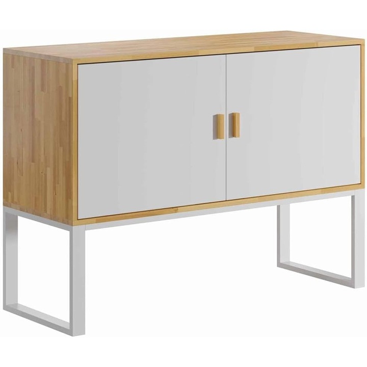 Comoda din lemn, cu 2 usi, finisaj alb cu accent din stejar natural, pentru living, hol sau birou, 110x80x40 cm, DEERHORN