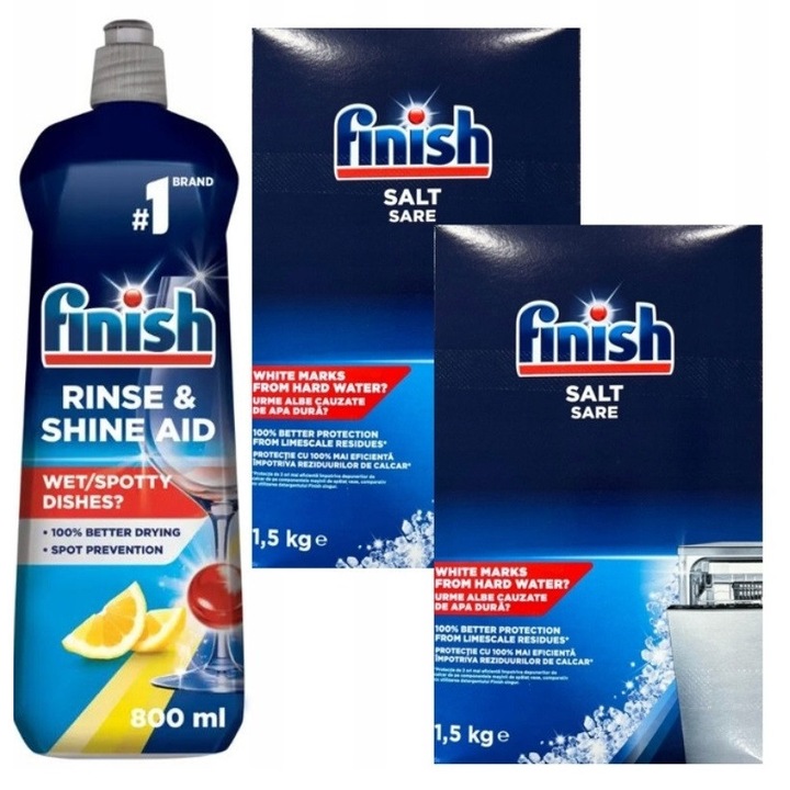 Pachet Solutie Clatire Finish 800 ml si 2 X Sare pentru Masina de Spalat Vase Finish 1.5 Kg