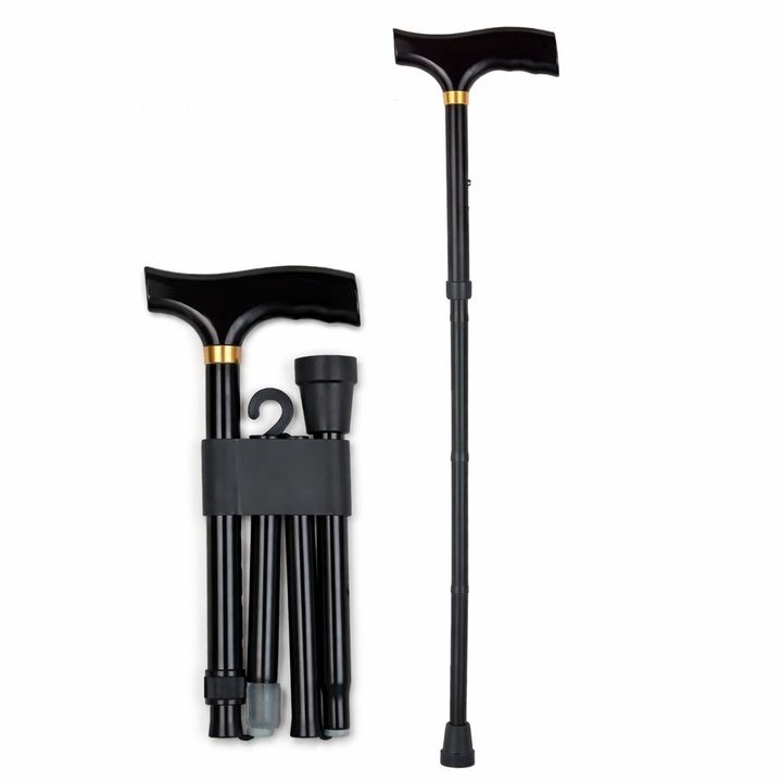Baston ortopedic pliabil SENEX, aluminiu, inaltime reglabila, maner ergonomic, Negru, 40cm