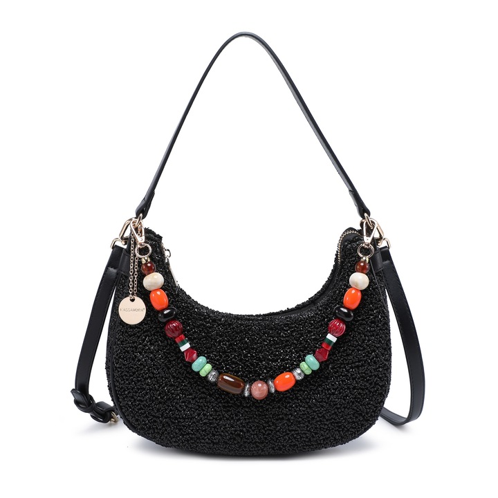 Kassandra, Geanta texturata cu bareta detasabila de umar, cu margele Zelia Elite, Maro