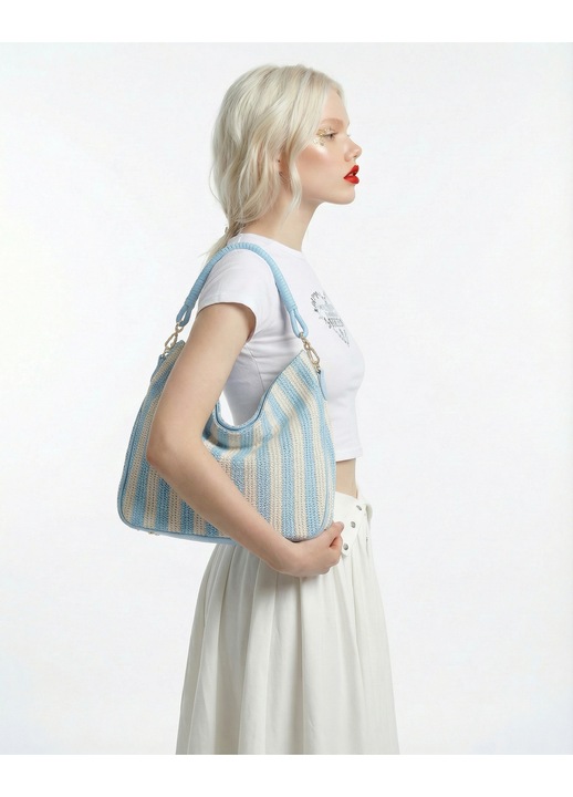 Kassandra, Geanta hobo cu dungi si aspect crosetat Lumena Plus, Alb, Albastru deschis