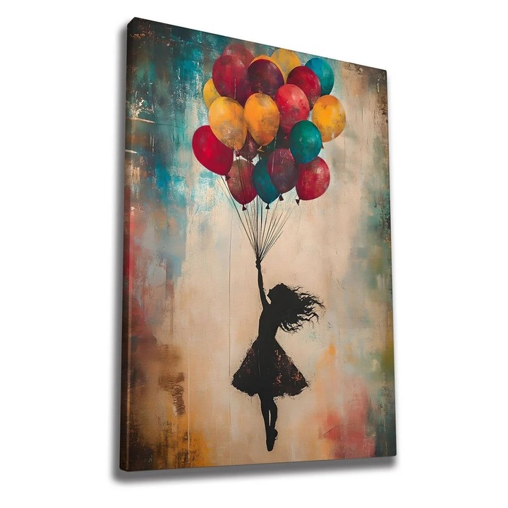 Tablou decorativ Re-Bloom, model fetita cu baloane, panza/lemn, multicolor, 50 x 70 cm
