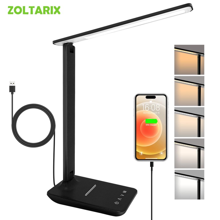 ZOLTARIX® LED Asztali Lámpa, Szemvédelem, 5 Fény Mód, 5 Intenzitás Szint, Érintésvezérlés, 3000k-6000k, Otthonra, Irodába, Tanuláshoz, Fekete