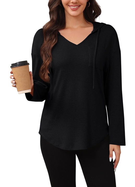 Hanorac Dama REORIA, cu gluga și decolteu în V, maneca lungă, negru, marimea XL