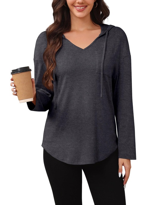 Hanorac dama REORIA cu gluga, decolteu V, maneca lunga, gri inchis, marimea XL