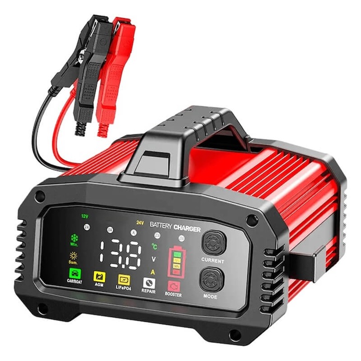 Incarcator redresor inteligent cu display color MOTOR10 pentru baterii auto moto, 12V/24V, la 220v, Rosu