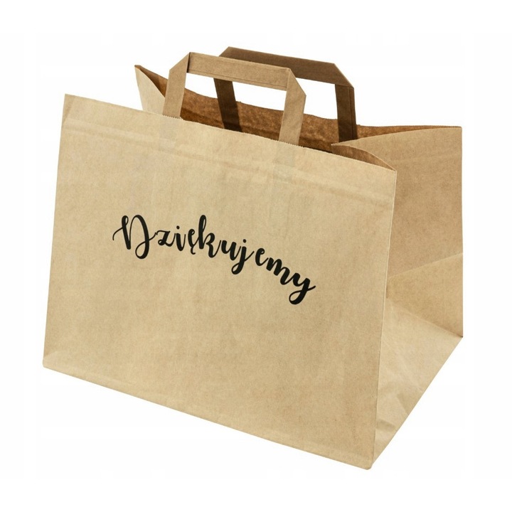 Set 50 torbe de hartie 32x20x24,5 cm, culoare kraft, imprimeu "Dziekujemy"