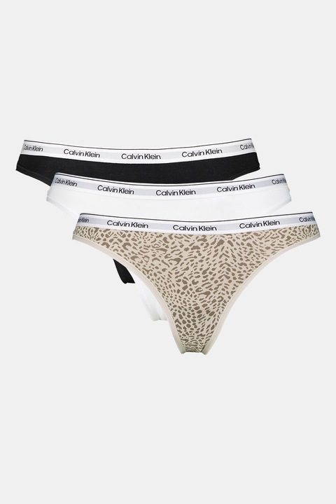 CALVIN KLEIN, Set de chiloti tanga cu banda logo elastica in talie - 3 perechi, Alb, Negru, Maro nisip, L