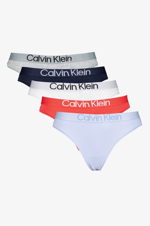 CALVIN KLEIN, Set de chiloti tanga cu banda logo in talie - 5 perechi, Alb, Gri melange, Albastru, L