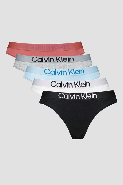 CALVIN KLEIN, Set de chiloti tanga cu banda logo in talie - 5 perechi, Alb, Negru, Albastru, S