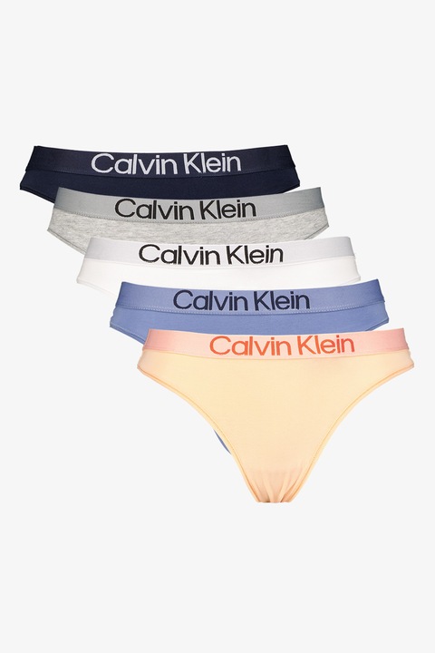 CALVIN KLEIN, Set de chiloti tanga cu banda logo in talie - 5 perechi, Gri, Roz somon, Albastru, M