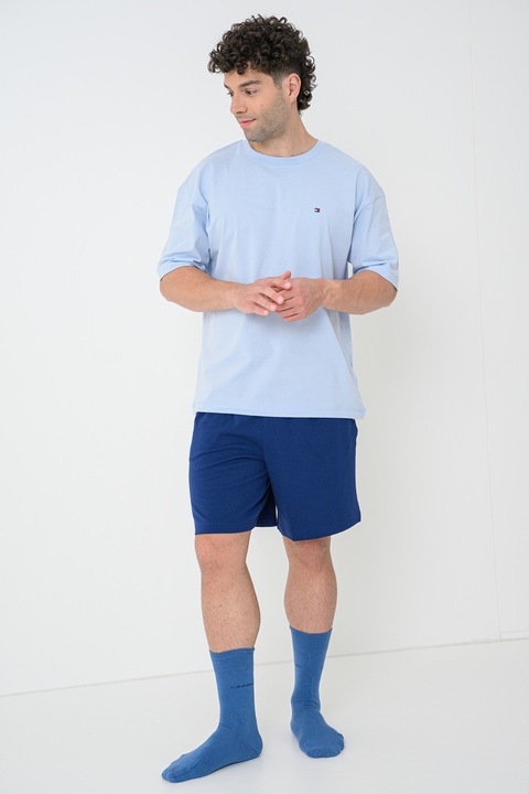 Tommy Hilfiger, Pijama din amestec de bumbac cu logo, Bleumarin stins/Albastru deschis