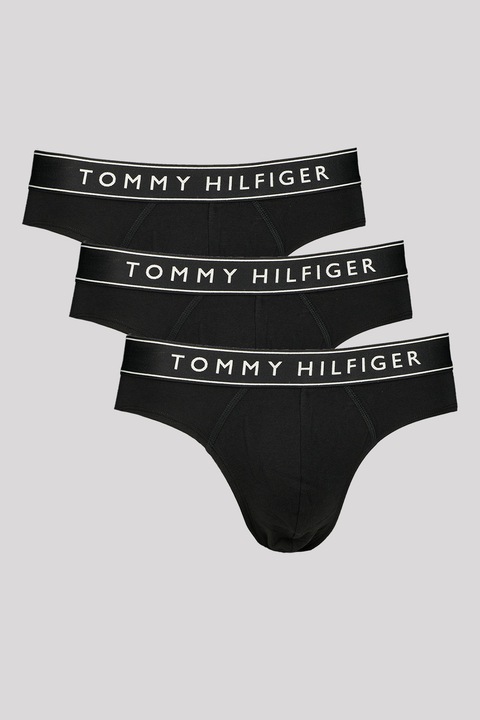 Tommy Hilfiger, Set de chiloti din amestec de bumbac cu banda logo in talie - 3 perechi, Negru antracit