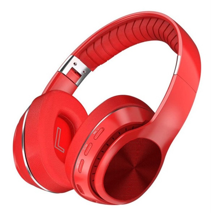 Casti wireless pliabile, Over the Ear, Bluetooth 5.0, Autonomie 11h, Handsfree, HiFi, Bass Stereo, LED, TF, Rosu