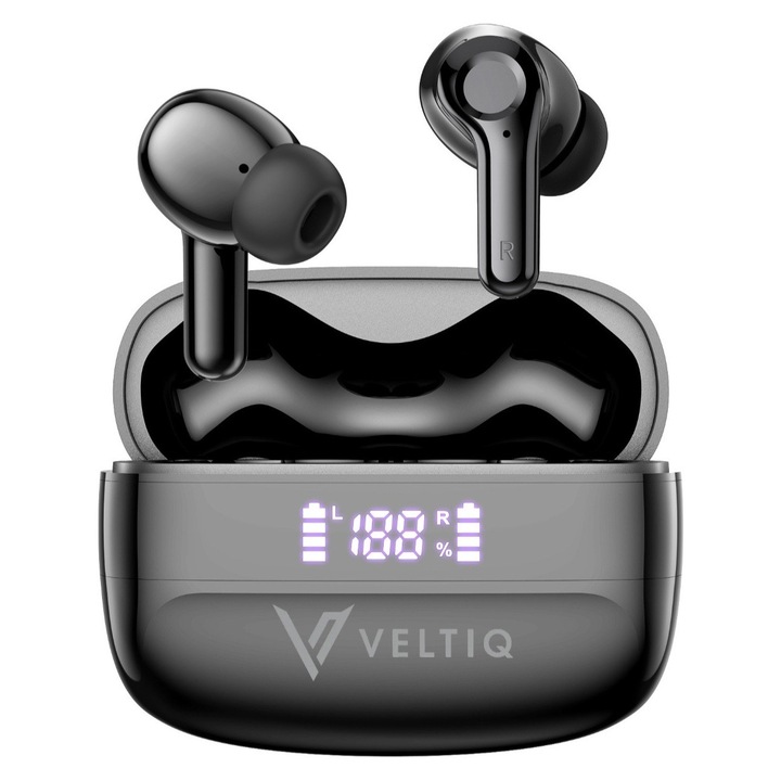 VELTIQ® vezeték nélküli fülhallgató zajszűréssel, In-ear Bluetooth, Vezeték nélküli, Digitális kijelző, Bluetooth 5.4 fülhallgató, Érintésvezérlés, 42 óra Bluetooth üzemidő, 4 HD mikrofon, Érintésvezérlés, IPX4, Sport, Univerzális, Fekete