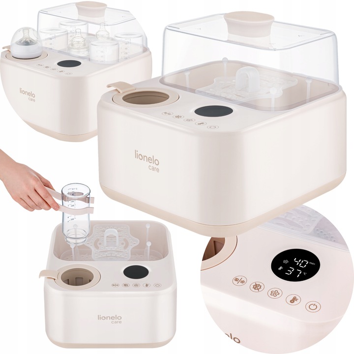 Sterilizator de biberoane 3 in 1: sterilizare, uscare, incalzire, 4 biberoane, uscare automata, sterilizare cu abur pana la 100°C, incalzire lapte 37–85°C, panou tactil, senzor de lipsa de apa, protectie la supraincalzire, 600W